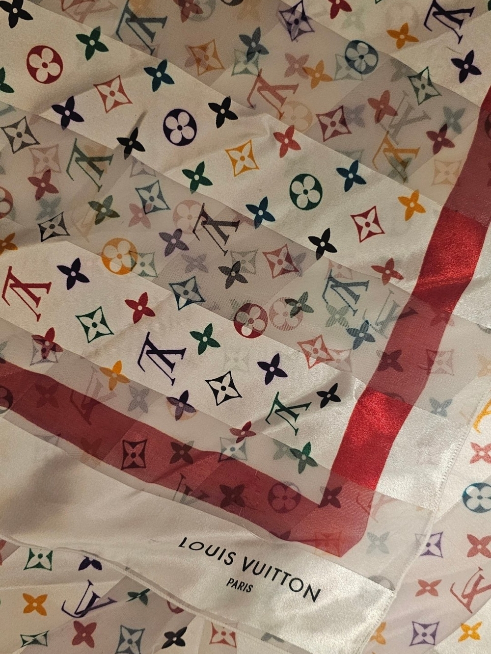 Louis Vuitton Multicolor Monogram Silk Scarf with Red Border